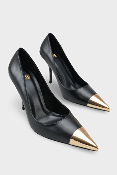 LOJO Women's Stiletto Pointed Toe Gold Metal Buckle Detailed Casual Heeled Sh...