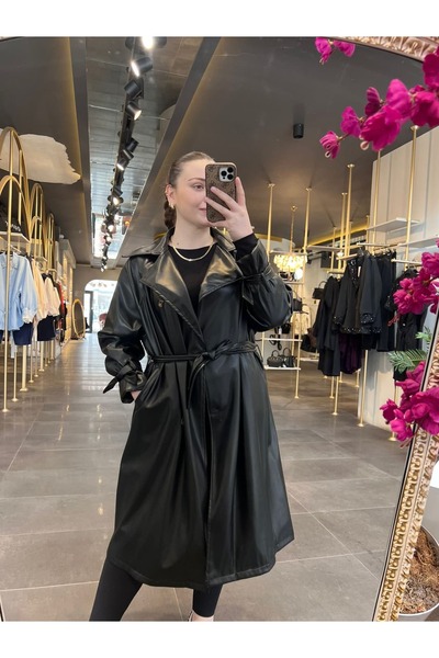 SERAP ESER EXCLUSIVE Style Elan- Black Leather Trench Coat