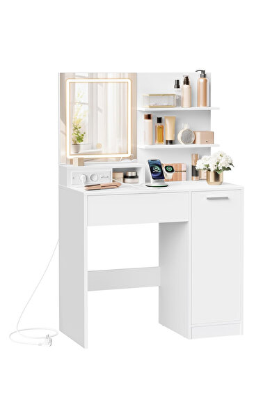 VASAGLE Masă de toaletă Kailyn cu oglindă LED și priză integrată, sertar, 80x...