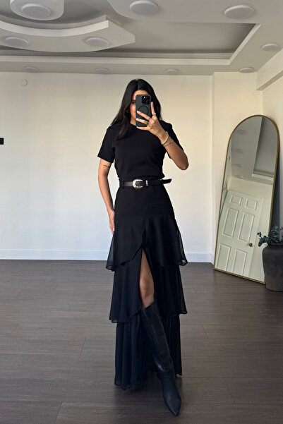 Grtrend تنورة متعددة الطبقات بتفاصيل مشقوقة وحزام - أسود