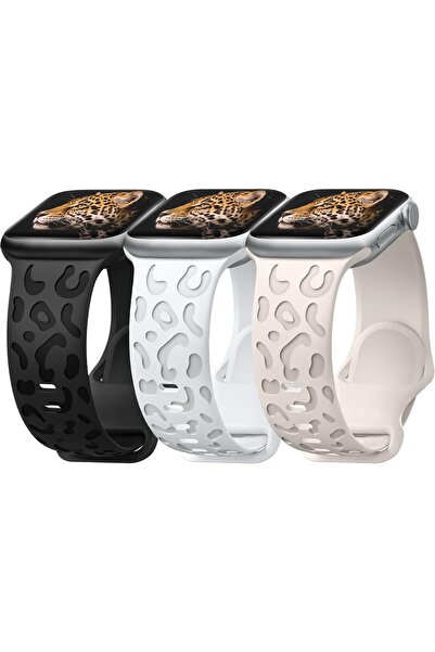 OEM Set of 3 Silicone Apple Watch 42 mm Straps - Engraved Leopard Pattern - B...