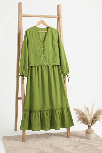 FERHEL Women's V-Neck Buttoned Skirted Comfortable Cut Viscose Suit - Oil Green