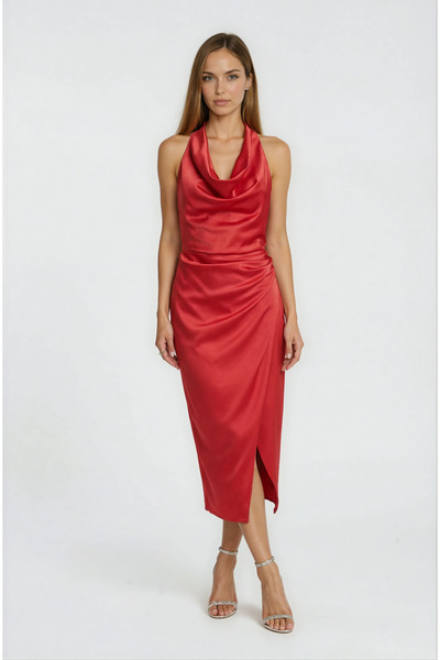 Spazio Sagnier Degaje Yaka Boyundan Bağlamalı Asimetrik Etek Midi Abiye Elbis...