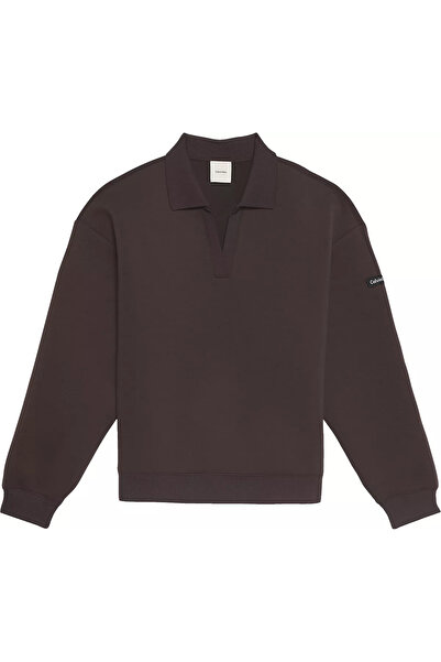 Calvin Klein Women's Oversize Polo Collar Long Sleeve Brown Sweatshirt with L...