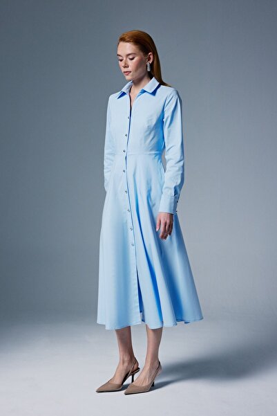 Sateen Long Button Detailed Dress - Blue