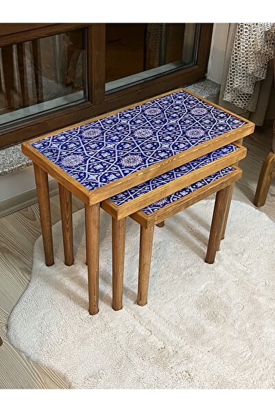 Home Seramik Safir Mavi 3 lü Zigon Sehpa Burma