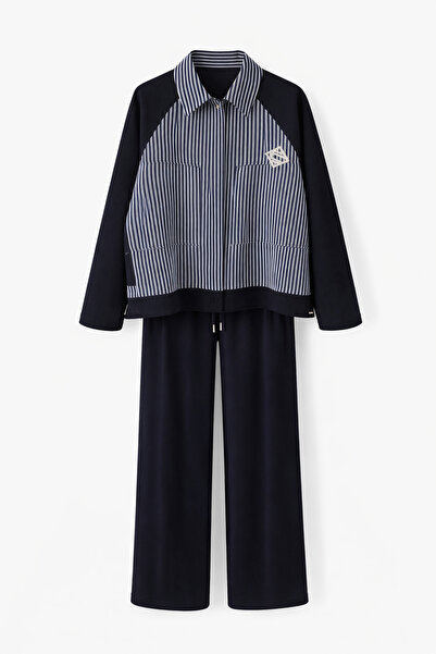 HAZELANNA Brooched Navy Blue Modal Suit