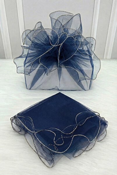 ZEYMERADE تول زخرفي باللون الأزرق الداكن مع حواف فضية، حقيبة هدايا للعروس وال...