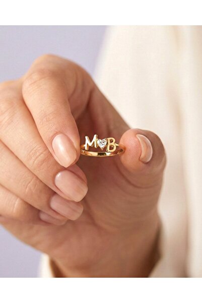 İNDİGO TAKI Işıklı Kutuda Harfli Kalp Tek Taş Altın Kaplama Gümüş Yüzük