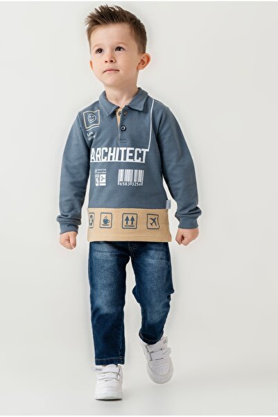 Chicsy Baby Boy's Polo Collar Printed Sweatshirt and Jeans Pants Set of 2