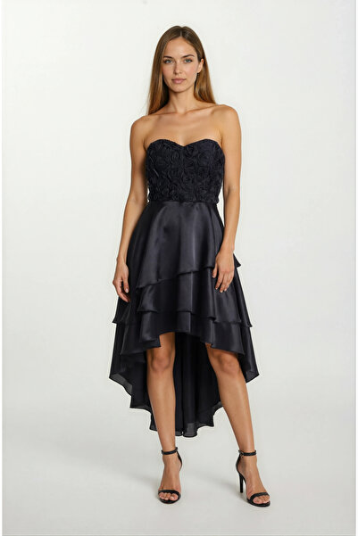 Spazio Askısız Drapeli Katmanlı Abiye Midi Elbise SİYAH