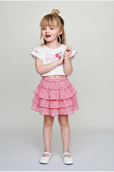 Magu Girl's Cotton Ecru Cherry Printed T-Shirt and Pink Gingham Skirt Set