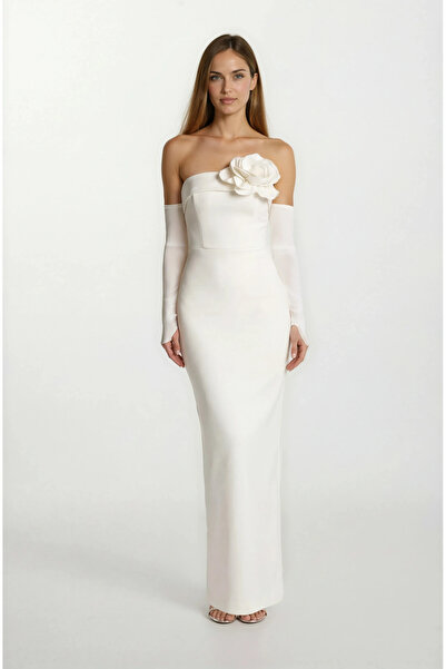 Spazio Orsina Straplez Gül Detaylı Takma Kol Arkada Derin Yırtmaç Uzun Abiye ...