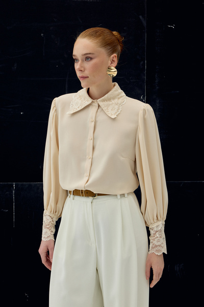 Sateen Lace Cuffed Shirt - Beige
