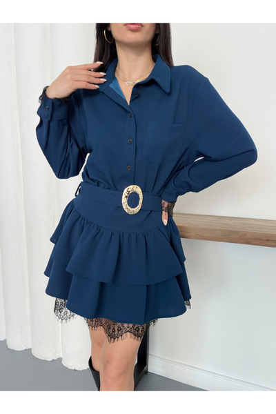 Ekim Store Belted Layered Short Dress with Lace