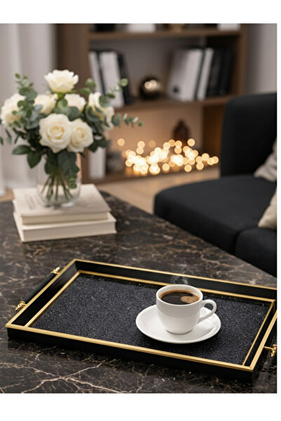 AiroBazar Modern Black Gold Framed Decorative Serving Tray, Luxury Presentati...