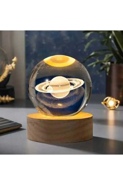 SÜRPRİZ ATÖLYESİ LED IŞIKLI DÖNER CAM KÜRE SATÜRN MODEL 3D LAZER İŞLEMELİ DEK...