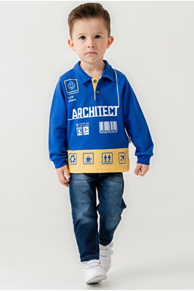 Chicsy Baby Boy's Polo Collar Printed Sweatshirt and Jeans Pants Set of 2