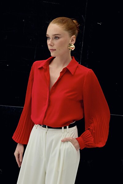 Sateen Pleated Sleeve Shirt - Red