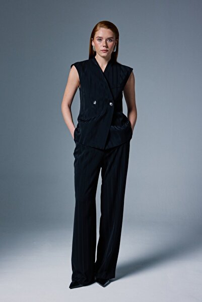 Sateen Anna Striped Trousers - Black