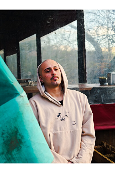 melongeneco Bej renk oversıze hoodie no internet baskılı sırt kısmı uzun swea...