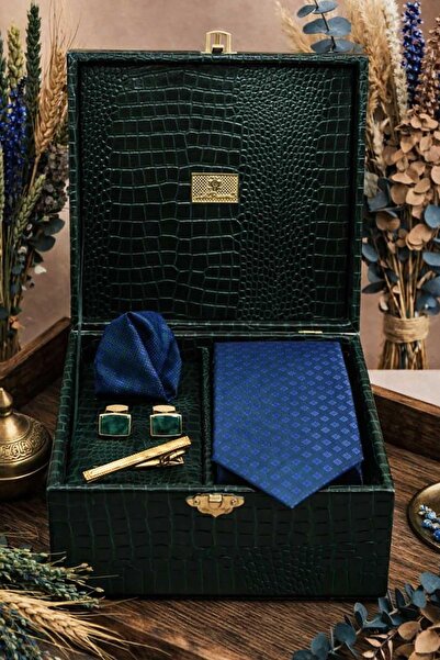 Kravatkolik Green Men's Gift Box - Tie, Handkerchief, Cufflinks, Tie Clip Set...