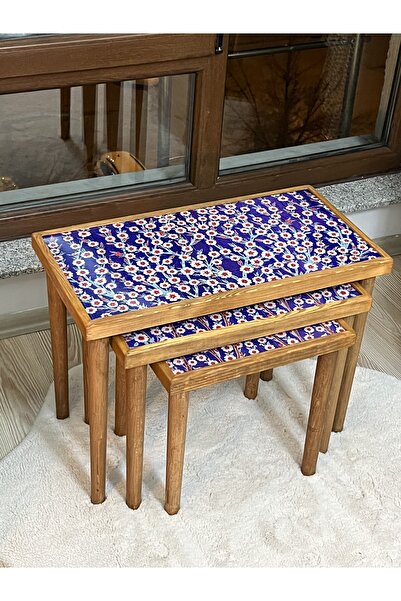 Home Seramik Sehpa Bursa Çini Çiçekli 3 lü Zigon Sehpa Burma