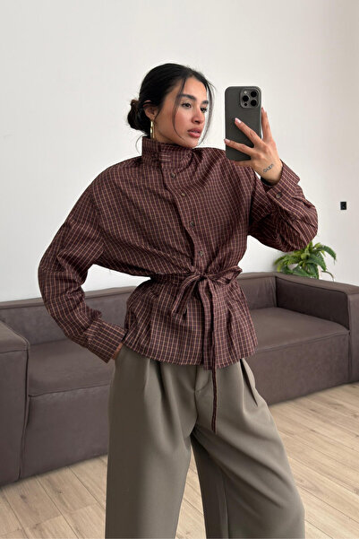 Sorridi Brown High Collar Checkered Shirt with Front Bow
