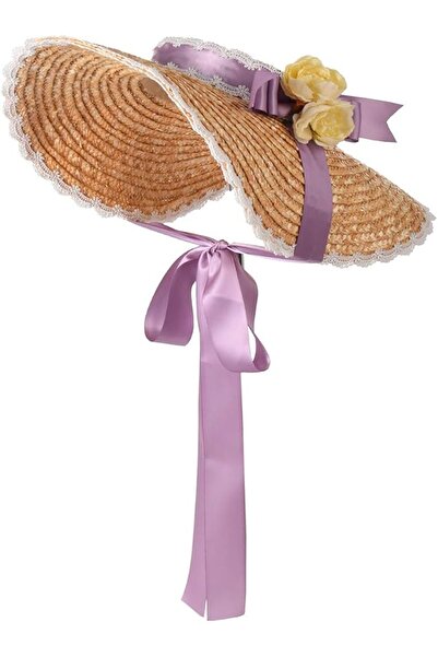 OEM Sun Hat - Victorian Style with Flowers and Lace - Straw, Purple, Ribbon 8...