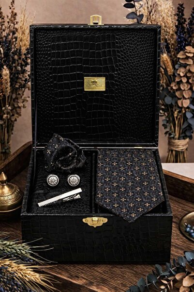 Kravatkolik Black Men's Gift Box - Tie, Handkerchief, Cufflinks, Tie Clip Set...