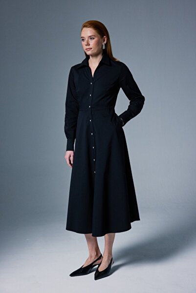 Sateen Long Button Detailed Dress - Black
