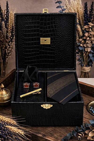 Kravatkolik Black Men's Gift Box - Tie, Handkerchief, Cufflinks, Tie Clip Set...