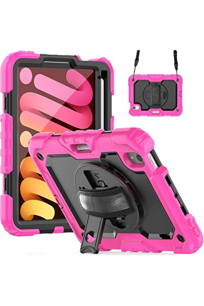 OEM iPad Mini 6 Case - 3 Layers, 360 Rotating Stand, Belt Strap - 8.3 inch, Pink