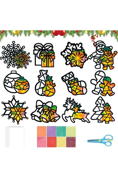 OEM DIY Christmas Window Ornaments Set - Colored Stained Glass Paper - 12 Tem...