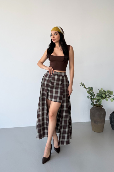 Serica Moda Brown Layered Detailed Plaid Skirt