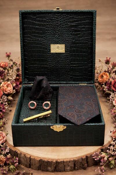 Kravatkolik Green Men's Gift Box - Tie, Handkerchief, Cufflinks, Tie Clip Set...
