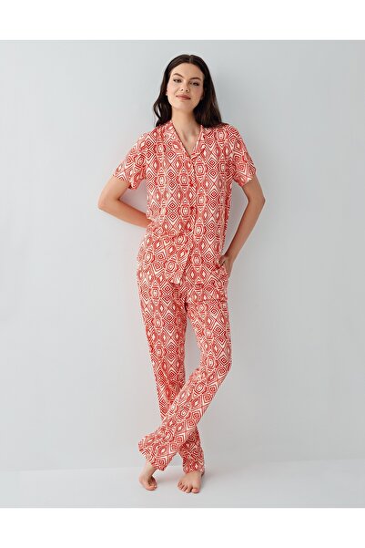 Arnetta Women's Modal/Cotton V-Neck Buttoned Red Pajama Set