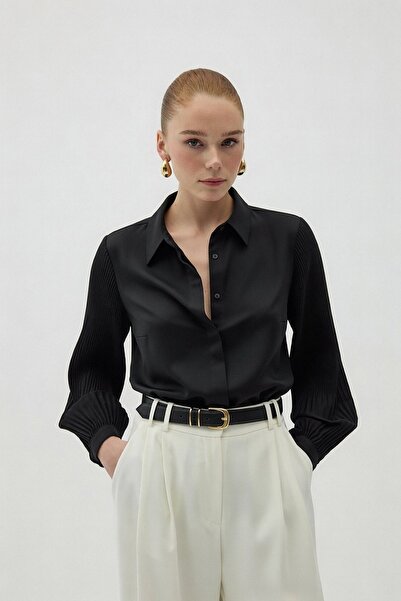 Sateen Pleated Sleeve Shirt - Black