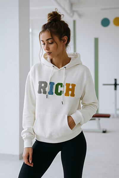 Rich Γυναικείο λευκό βαμβακερό φούτερ με στάμπα και τσέπες καγκουρό