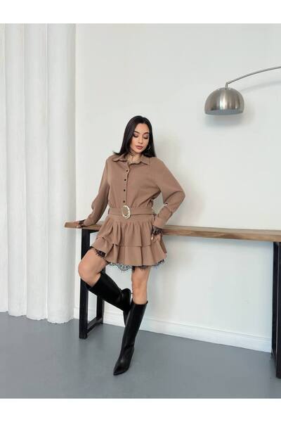 ZF BUTİK Women's Shirt Collar Belted Lace Detailed Mini Dress