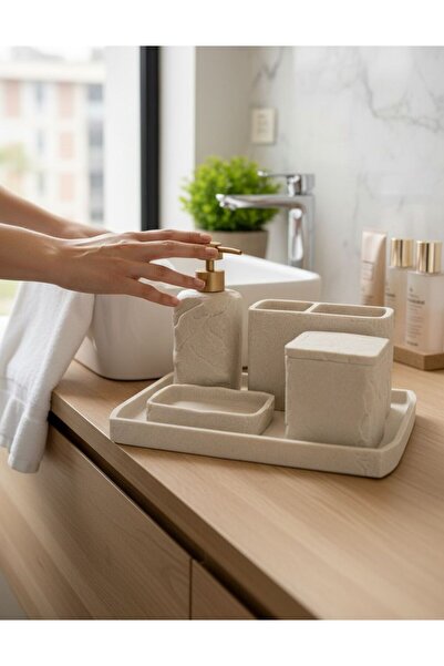 Onedekor 5 Piece Luxury Laduree Stonea Cream Gold Bathroom Set with Tray