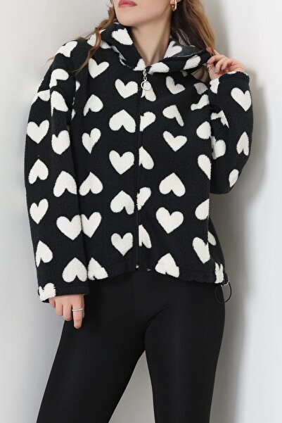 latal Women's Black Patterned Hooded Plush Fleece Jacket |   Zippered, Winter...