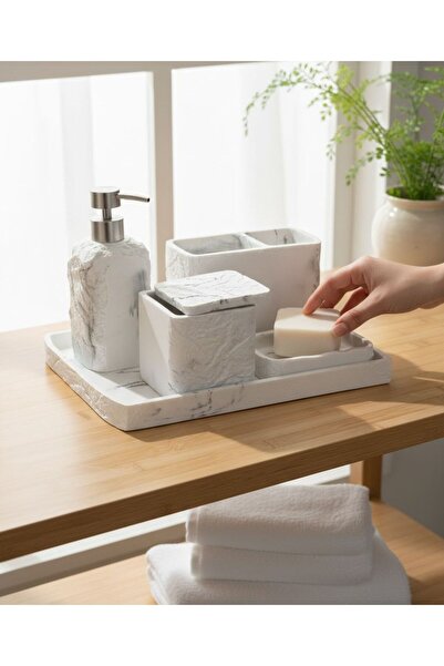 Onedekor 5 Piece Luxury Laduree Stonea White Bathroom Set with Silver Tray