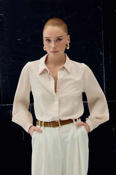 Sateen Pleated Sleeve Shirt - Beige