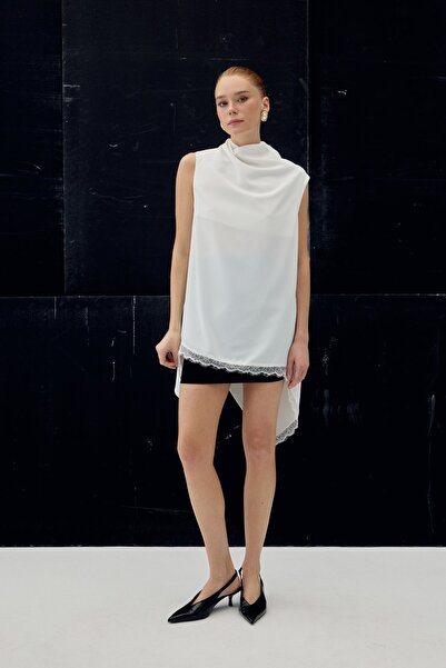 Sateen Lace Detailed Degaje Collar Blouse - Ecru