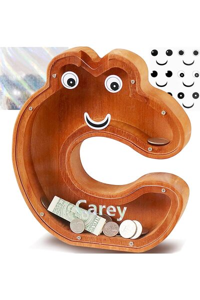 OEM Alphabet Letter C Piggy Bank - Wood and Acrylic, Cartoon Design - Brown, ...