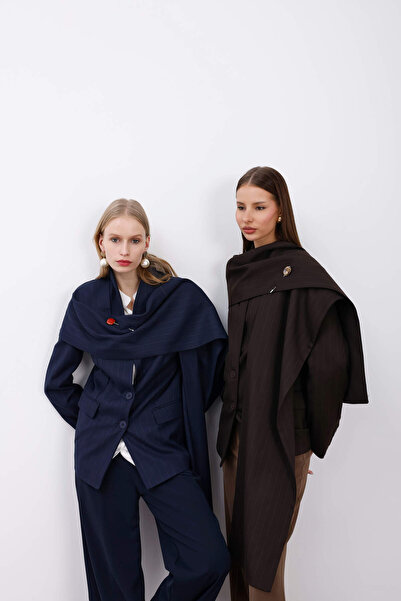 HOPE AND ME Şal Yaka Takıp Çıkarılabilinir Kahverengi Çizgili Blazer Ceket