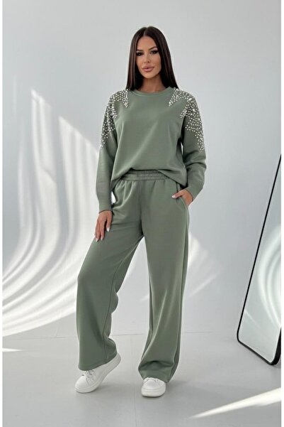 Koza Butik Women's Long Sleeve Shoulder Pearl Embroidered Wide Leg Tracksuit ...