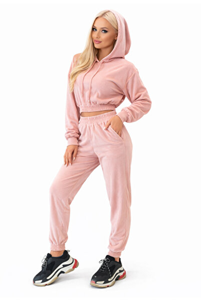 Nobrand Γυναικείο Σετ Βελούδινου Βελούδο Πούδρας – Κοντό Μπλούζα & Παντελόνι ...