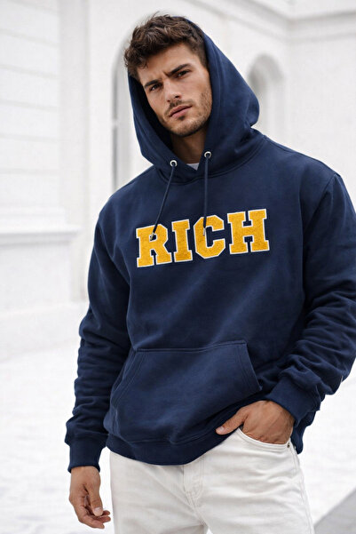 Rich Men's Navy Blue Cotton Hooded Printed Sweatshirt
